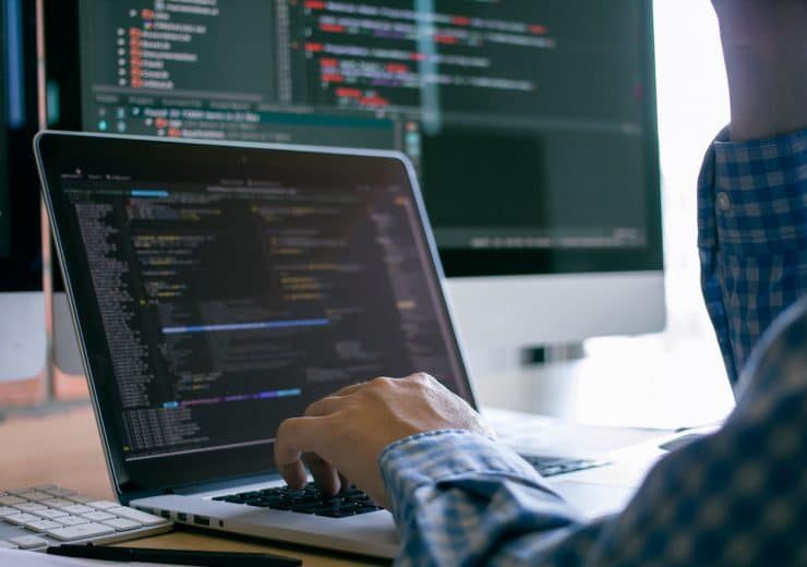 Developer programming and coding technology. Website design Safety of the social world Cyberspace concept.