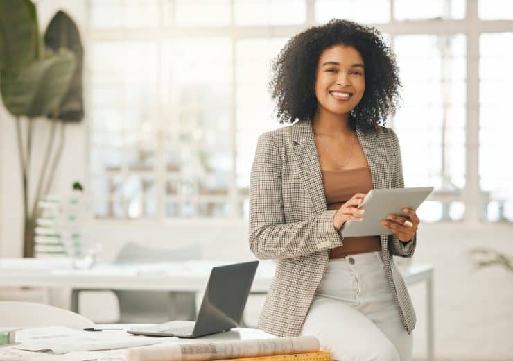 Architecture, tablet and portrait of woman in office for engineering, internet and buildings. Digital, construction and creative with female designer for project management, website and technology