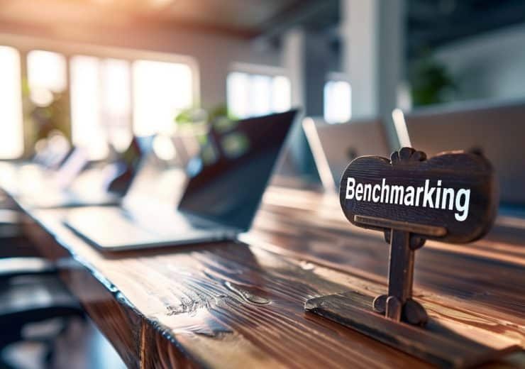 A detailed banner highlighting the concept of benchmarking with a focus on computer comparison, showcasing performance metrics and analysis.