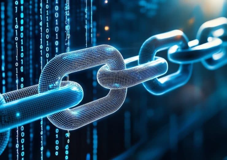 3D render of blockchain chain with binary code, symbolizing digital security and technology. glowing links represent connectivity and innovation in digital world