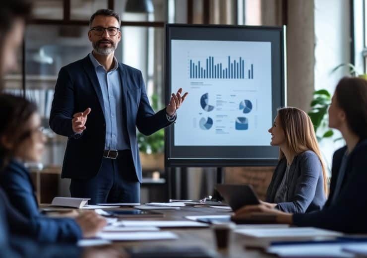 Staff meeting at long desk on presentation in office room. Manager stands near financial diagram. Team work on conference. Business training, discussion and brainstorming seminar.