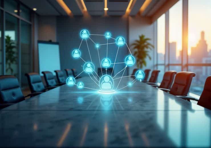 Boardroom setting shows digital network of connected people. Meeting governance icons on table. Business teamwork, management concept. Modern company setting. Directors, consultants buy photo for