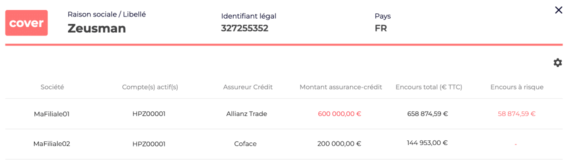 Interface dédiée à la consolidation des encours et des risques clients